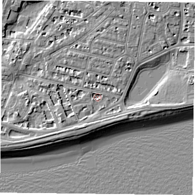 Shaded relief map of the ground around PO40RS, computed from Environment Agency LiDAR. The ground here sits at about 2 m above sea level and falls 7 m across the surrounding 800 m. Surface water reaching this point runs off ground lying to the south-south-east, 1.9 m higher.