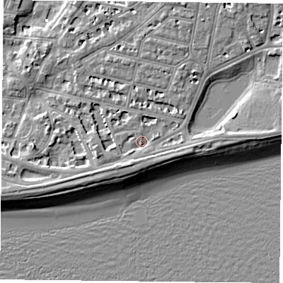Shaded relief map of the ground around PO40RU, computed from Environment Agency LiDAR. The ground here sits at about 3 m above sea level and falls 7 m across the surrounding 800 m. Surface water reaching this point runs off ground lying to the south-south-west, 3.4 m higher.