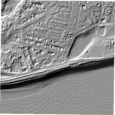 Shaded relief map of the ground around PO40RW, computed from Environment Agency LiDAR. The ground here sits at about 3 m above sea level and falls 9 m across the surrounding 800 m. Surface water reaching this point runs off ground lying to the east-north-east, 5.0 m higher.