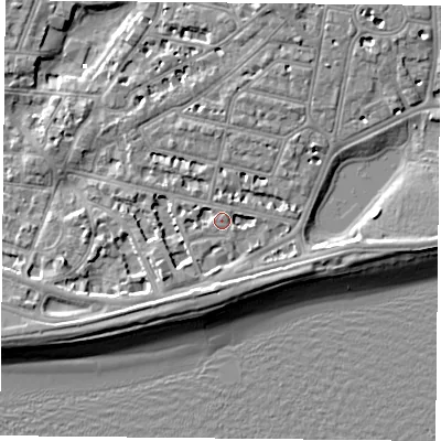 Shaded relief map of the ground around PO40RX, computed from Environment Agency LiDAR. The ground here sits at about 3 m above sea level and falls 7 m across the surrounding 800 m. Surface water reaching this point runs off ground lying to the east-south-east, 1.8 m higher.