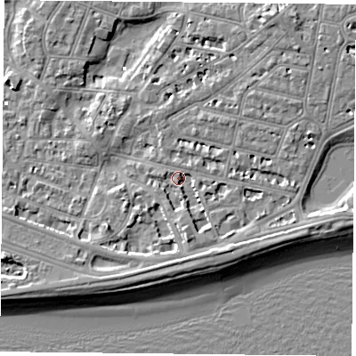 Shaded relief map of the ground around PO40RY, computed from Environment Agency LiDAR. The ground here sits at about 2 m above sea level and falls 7 m across the surrounding 800 m. Surface water reaching this point runs off ground lying to the south-south-east, 3.7 m higher.