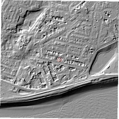 Shaded relief map of the ground around PO40RZ, computed from Environment Agency LiDAR. The ground here sits at about 3 m above sea level and falls 7 m across the surrounding 800 m. Surface water reaching this point runs off ground lying to the north, 1.4 m higher.