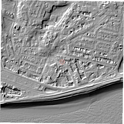 Shaded relief map of the ground around PO40SA, computed from Environment Agency LiDAR. The ground here sits at about 2 m above sea level and falls 9 m across the surrounding 800 m. Surface water reaching this point runs off ground lying to the south-east, 3.7 m higher.
