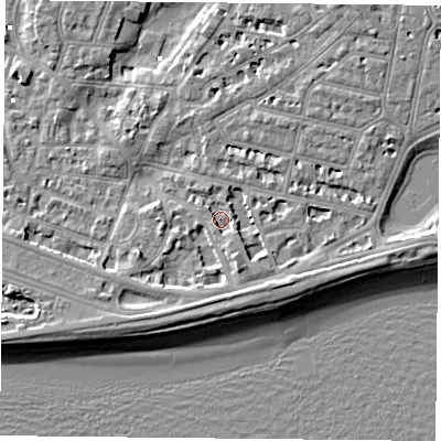 Shaded relief map of the ground around PO40SB, computed from Environment Agency LiDAR. The ground here sits at about 1 m above sea level and falls 7 m across the surrounding 800 m. Surface water reaching this point runs off ground lying to the south-east, 3.7 m higher.
