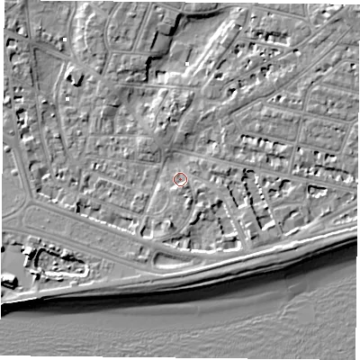 Shaded relief map of the ground around PO40SD, computed from Environment Agency LiDAR. The ground here sits at about 1 m above sea level and falls 9 m across the surrounding 800 m. Surface water reaching this point runs off ground lying to the east-south-east, 4.5 m higher.