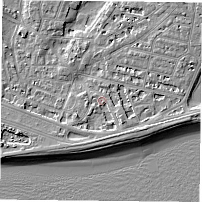 Shaded relief map of the ground around PO40SE, computed from Environment Agency LiDAR. The ground here sits at about 2 m above sea level and falls 8 m across the surrounding 800 m. Surface water reaching this point runs off ground lying to the south, 2.9 m higher.
