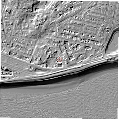 Shaded relief map of the ground around PO40SF, computed from Environment Agency LiDAR. The ground here sits at about 1 m above sea level and falls 7 m across the surrounding 800 m. Surface water reaching this point runs off ground lying to the south-south-west, 2.9 m higher.