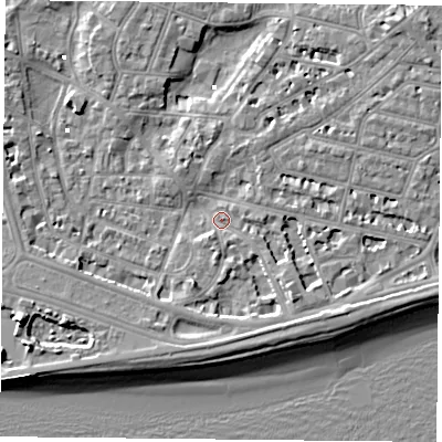 Shaded relief map of the ground around PO40SG, computed from Environment Agency LiDAR. The ground here sits at about 1 m above sea level and falls 9 m across the surrounding 800 m. Surface water reaching this point runs off ground lying to the south-east, 4.3 m higher.
