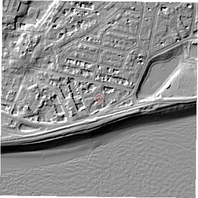 Shaded relief map of the ground around PO40SJ, computed from Environment Agency LiDAR. The ground here sits at about 3 m above sea level and falls 7 m across the surrounding 800 m. Surface water reaching this point runs off ground lying to the south-south-west, 3.4 m higher.