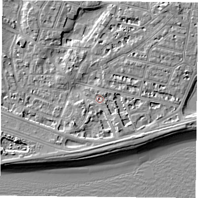 Shaded relief map of the ground around PO40SL, computed from Environment Agency LiDAR. The ground here sits at about 1 m above sea level and falls 7 m across the surrounding 800 m. Surface water reaching this point runs off ground lying to the south-east, 3.7 m higher.