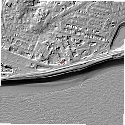 Shaded relief map of the ground around PO40SN, computed from Environment Agency LiDAR. The ground here sits at about 2 m above sea level and falls 7 m across the surrounding 800 m. Surface water reaching this point runs off ground lying to the south-west, 2.2 m higher.