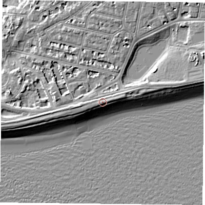 Shaded relief map of the ground around PO40ST, computed from Environment Agency LiDAR. The ground here sits at about 5 m above sea level and falls 9 m across the surrounding 800 m. Surface water reaching this point runs off ground lying to the east-north-east, 1.4 m higher.