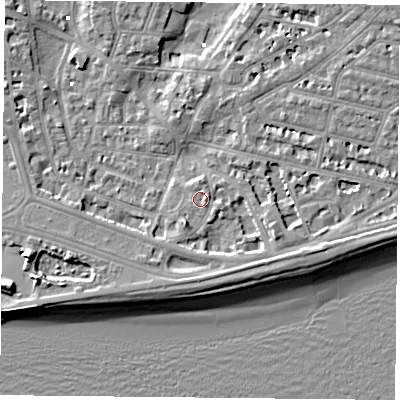 Shaded relief map of the ground around PO40SU, computed from Environment Agency LiDAR. The ground here sits at about 2 m above sea level and falls 9 m across the surrounding 800 m. Surface water reaching this point runs off ground lying to the east, 1.2 m higher.