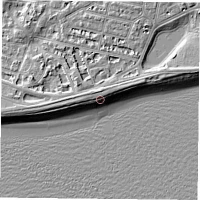 Shaded relief map of the ground around PO40SW, computed from Environment Agency LiDAR. The ground here sits at about 3 m above sea level and falls 7 m across the surrounding 800 m. Surface water reaching this point runs off ground lying to the north, 3.3 m higher.