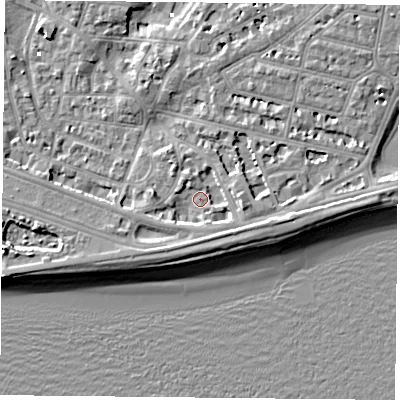 Shaded relief map of the ground around PO40SX, computed from Environment Agency LiDAR. The ground here sits at about 2 m above sea level and falls 8 m across the surrounding 800 m. Surface water reaching this point runs off ground lying to the south, 2.9 m higher.
