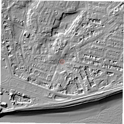 Shaded relief map of the ground around PO40SY, computed from Environment Agency LiDAR. The ground here sits at about 1 m above sea level and falls 10 m across the surrounding 800 m. Surface water reaching this point runs off ground lying to the north-east, 5.0 m higher.