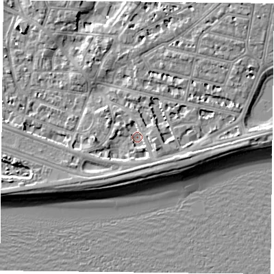 Shaded relief map of the ground around PO40TA, computed from Environment Agency LiDAR. The ground here sits at about 1 m above sea level and falls 7 m across the surrounding 800 m. Surface water reaching this point runs off ground lying to the south-south-west, 2.9 m higher.