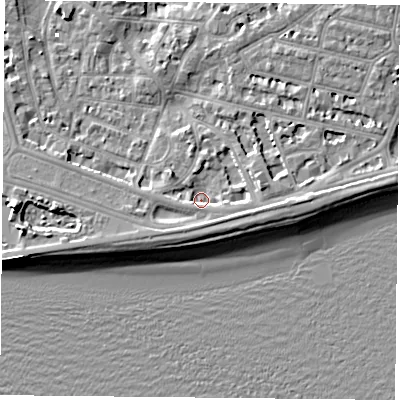 Shaded relief map of the ground around PO40TB, computed from Environment Agency LiDAR. The ground here sits at about 1 m above sea level and falls 10 m across the surrounding 800 m. Surface water reaching this point runs off ground lying to the south-east, 2.9 m higher.