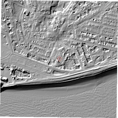 Shaded relief map of the ground around PO40TD, computed from Environment Agency LiDAR. The ground here sits at about 2 m above sea level and falls 10 m across the surrounding 800 m. Surface water reaching this point runs off ground lying to the south-south-west, 2.3 m higher.