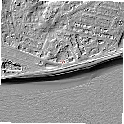 Shaded relief map of the ground around PO40TR, computed from Environment Agency LiDAR. The ground here sits at about 1 m above sea level and falls 10 m across the surrounding 800 m. Surface water reaching this point runs off ground lying to the south-south-east, 2.9 m higher.