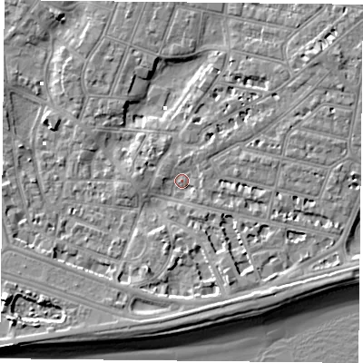 Shaded relief map of the ground around PO40UD, computed from Environment Agency LiDAR. The ground here sits at about 2 m above sea level and falls 9 m across the surrounding 800 m. Surface water reaching this point runs off ground lying to the east-north-east, 3.9 m higher.