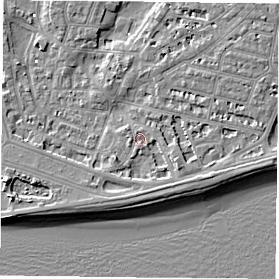 Shaded relief map of the ground around PO40UU, computed from Environment Agency LiDAR. The ground here sits at about 2 m above sea level and falls 9 m across the surrounding 800 m. Surface water reaching this point runs off ground lying to the south, 2.9 m higher.