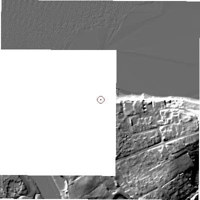 Shaded relief map of the ground around PO410NJ, computed from Environment Agency LiDAR. and falls 13 m across the surrounding 800 m.