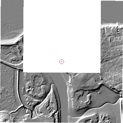 Shaded relief map of the ground around PO410NL, computed from Environment Agency LiDAR. and falls 9 m across the surrounding 800 m.