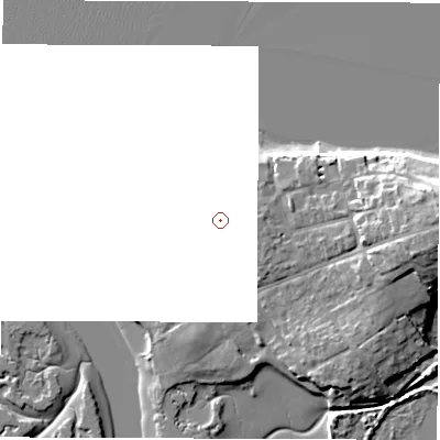 Shaded relief map of the ground around PO410NP, computed from Environment Agency LiDAR. and falls 13 m across the surrounding 800 m.