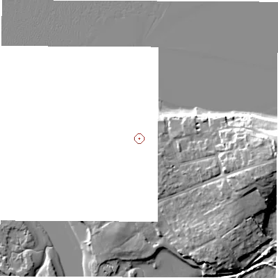Shaded relief map of the ground around PO410NS, computed from Environment Agency LiDAR. and falls 13 m across the surrounding 800 m.