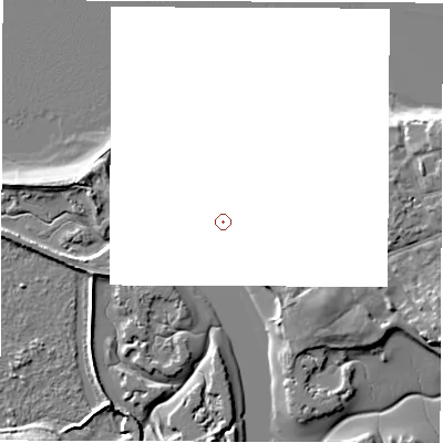Shaded relief map of the ground around PO410NT, computed from Environment Agency LiDAR. and falls 6 m across the surrounding 800 m.