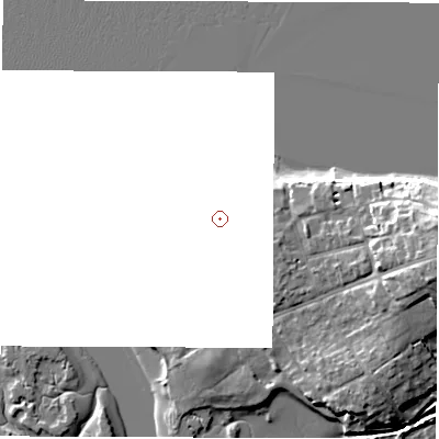 Shaded relief map of the ground around PO410PB, computed from Environment Agency LiDAR. and falls 12 m across the surrounding 800 m.