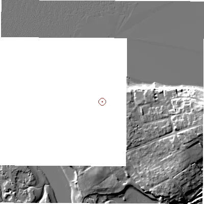 Shaded relief map of the ground around PO410PE, computed from Environment Agency LiDAR. and falls 12 m across the surrounding 800 m.