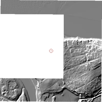 Shaded relief map of the ground around PO410PF, computed from Environment Agency LiDAR. and falls 12 m across the surrounding 800 m.
