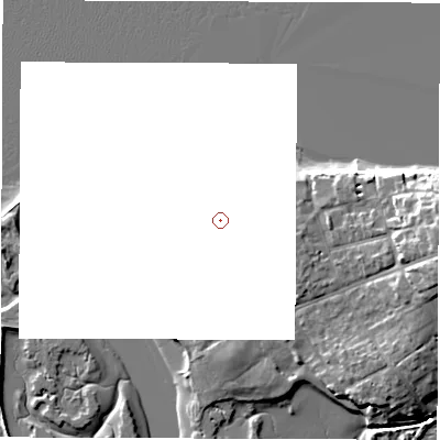 Shaded relief map of the ground around PO410PG, computed from Environment Agency LiDAR. and falls 11 m across the surrounding 800 m.