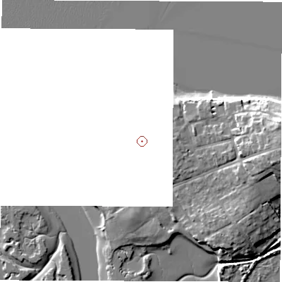 Shaded relief map of the ground around PO410PH, computed from Environment Agency LiDAR. and falls 13 m across the surrounding 800 m.