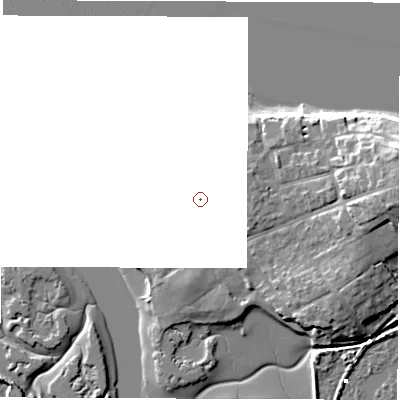 Shaded relief map of the ground around PO410PJ, computed from Environment Agency LiDAR. and falls 12 m across the surrounding 800 m.
