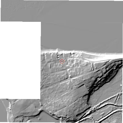 Shaded relief map of the ground around PO410PN, computed from Environment Agency LiDAR. The ground here sits at about 4 m above sea level and falls 13 m across the surrounding 800 m. Surface water reaching this point runs off ground lying to the east-south-east, 7.7 m higher.