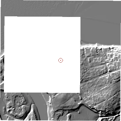 Shaded relief map of the ground around PO410PQ, computed from Environment Agency LiDAR. and falls 11 m across the surrounding 800 m.