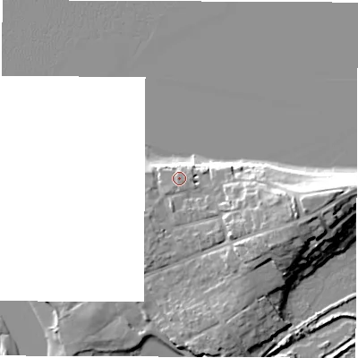 Shaded relief map of the ground around PO410PW, computed from Environment Agency LiDAR. The ground here sits at about 4 m above sea level and falls 13 m across the surrounding 800 m. Surface water reaching this point runs off ground lying to the east-south-east, 0.9 m higher.