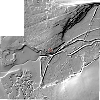 Shaded relief map of the ground around PO410QT, computed from Environment Agency LiDAR. The ground here sits at about 5 m above sea level and falls 19 m across the surrounding 800 m. Surface water reaching this point runs off ground lying to the north-north-west, 3.2 m higher.