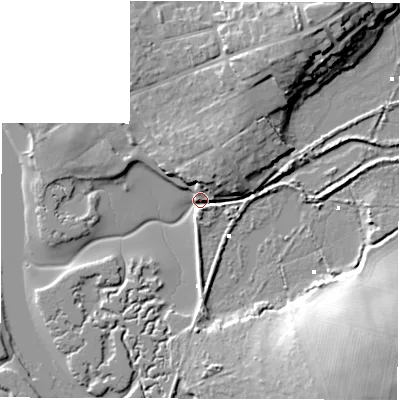 Shaded relief map of the ground around PO410QY, computed from Environment Agency LiDAR. The ground here sits at about 2 m above sea level and falls 20 m across the surrounding 800 m. Surface water reaching this point runs off ground lying to the north-north-east, 7.2 m higher.