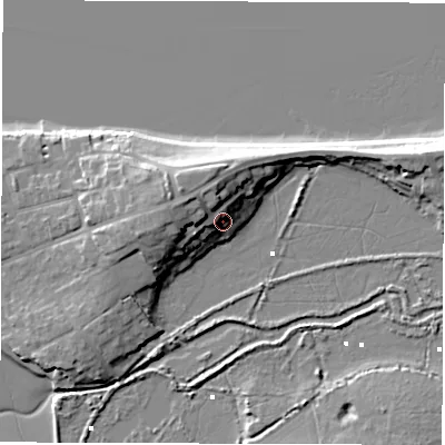 Shaded relief map of the ground around PO410RB, computed from Environment Agency LiDAR. The ground here sits at about 5 m above sea level and falls 13 m across the surrounding 800 m. Surface water reaching this point runs off ground lying to the west-north-west, 8.9 m higher.