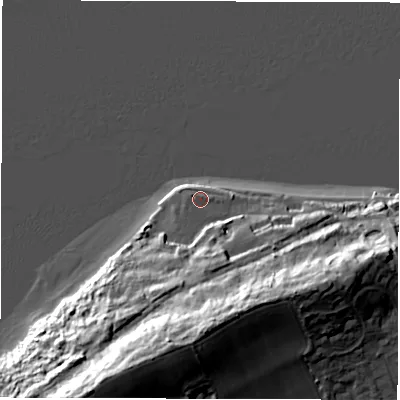 Shaded relief map of the ground around PO410RR, computed from Environment Agency LiDAR. The ground here sits at about 4 m above sea level and falls 42 m across the surrounding 800 m. Surface water reaching this point runs off ground lying to the east-south-east, 0.7 m higher.