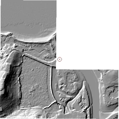 Shaded relief map of the ground around PO410RS, computed from Environment Agency LiDAR. and falls 17 m across the surrounding 800 m. Surface water reaching this point runs off ground lying to the west, 5.4 m higher.