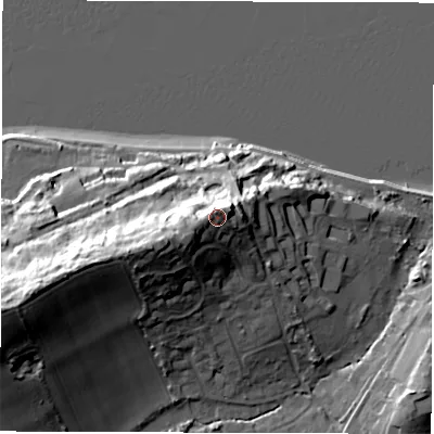 Shaded relief map of the ground around PO410RU, computed from Environment Agency LiDAR. The ground here sits at about 22 m above sea level and falls 38 m across the surrounding 800 m. Surface water reaching this point runs off ground lying to the west-south-west, 4.4 m higher.