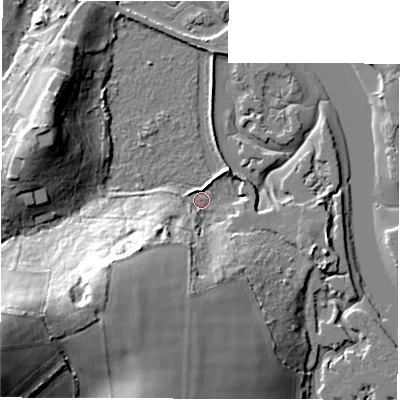 Shaded relief map of the ground around PO410SE, computed from Environment Agency LiDAR. The ground here sits at about 1 m above sea level and falls 28 m across the surrounding 800 m. Surface water reaching this point runs off ground lying to the south-west, 21.2 m higher.