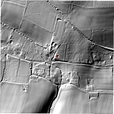 Shaded relief map of the ground around PO410TD, computed from Environment Agency LiDAR. The ground here sits at about 28 m above sea level and falls 24 m across the surrounding 800 m. Surface water reaching this point runs off ground lying to the north-north-east, 5.7 m higher.