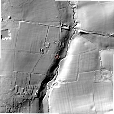 Shaded relief map of the ground around PO410TZ, computed from Environment Agency LiDAR. The ground here sits at about 19 m above sea level and falls 31 m across the surrounding 800 m. Surface water reaching this point runs off ground lying to the west, 17.0 m higher.
