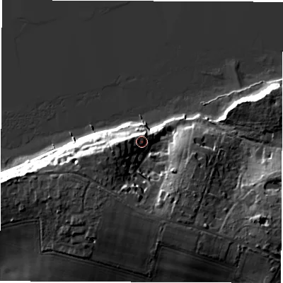 Shaded relief map of the ground around PO410XB, computed from Environment Agency LiDAR. The ground here sits at about 8 m above sea level and falls 17 m across the surrounding 800 m. Surface water reaching this point runs off ground lying to the west, 5.8 m higher.